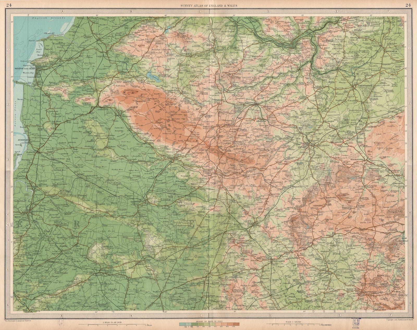 EAST SOMERSET. Bath Wells Mendip Hills Weston-super-Mare. LARGE 1939 old map